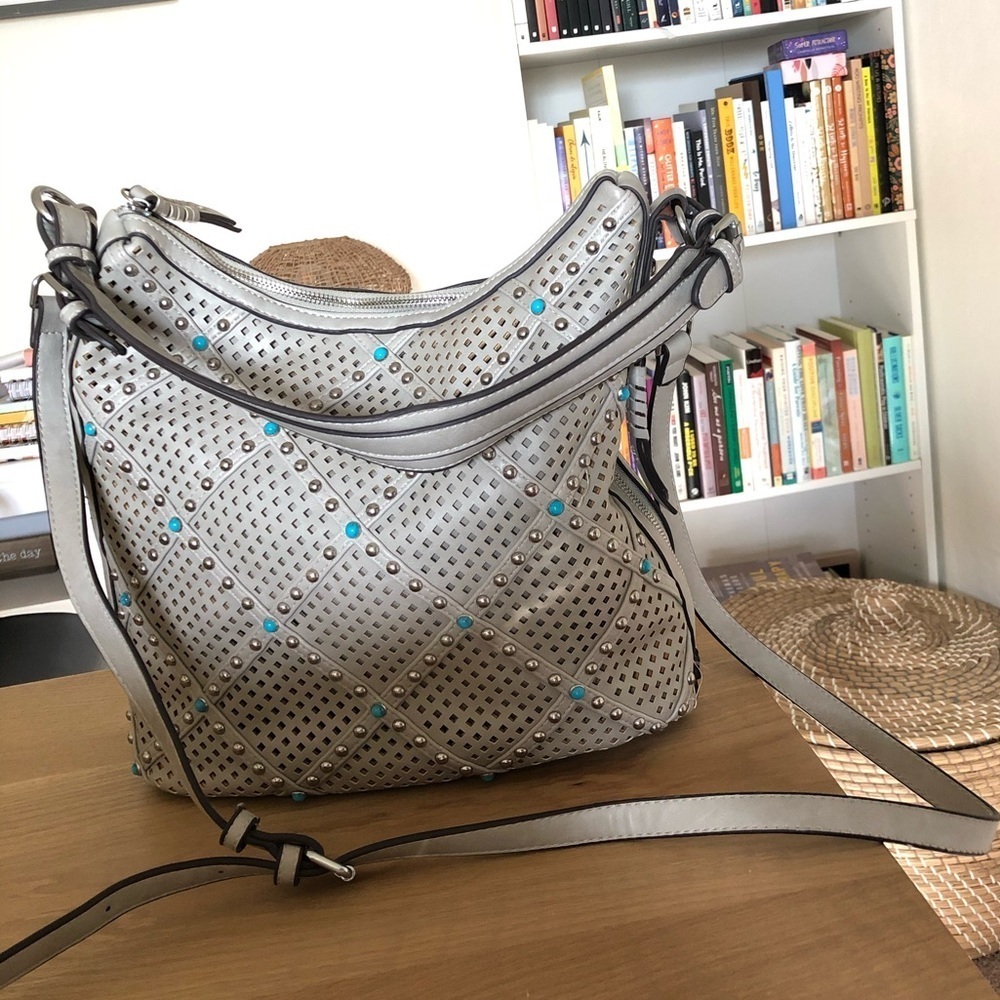 Chinese Laundry|Boho Chalk Gray Studded/Beaded faux leather bag with long strap•